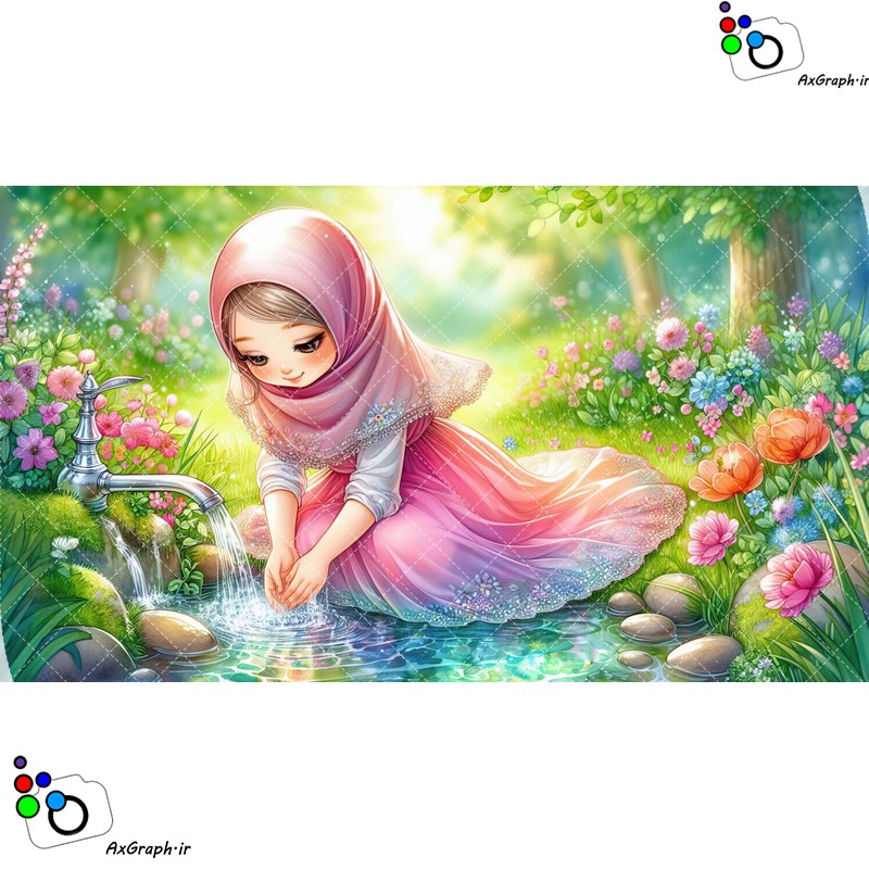 بک گراند کودکانه دختر ناز با حجاب در حال شستن دستها در چشمه-کد 44845(ویژه عکس گراف)