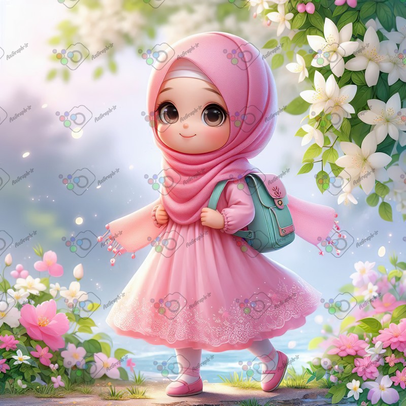 بک گراند کودکانه دختر بچه ناز با حجاب با کوله سبز در حال عبور از باغ گل-کد 44409(ویژه عکس گراف)