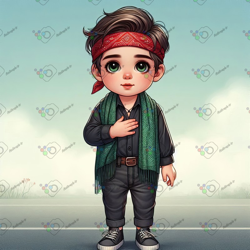 بک گراند کودکانه پسربچه با شال و سربند ایستاده کنار جاده-کد 44360(ویژه عکس گراف)