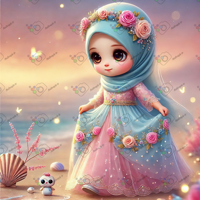 بک گراند کودکانه دختر ریزه میزه ناز با حجاب در حال قدم زدن در ساحل-کد 44520(ویژه عکس گراف)