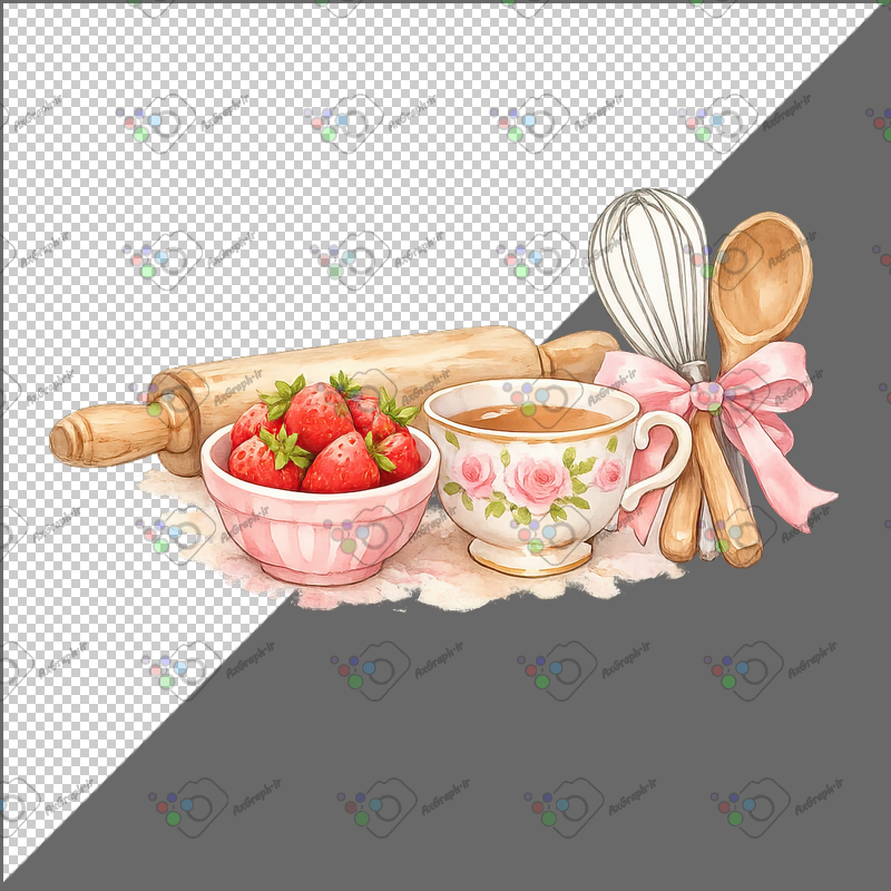 طرح برچسب فانتزی فنجان چای و توت فرنگی و وردنه-کد 70134(ویژه عکس گراف)