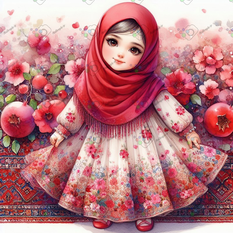بک گراند کودکانه یلدا با طرح دختر ناز با حجاب و فرش ایرانی و انار-کد 44643(ویژه عکس گراف)
