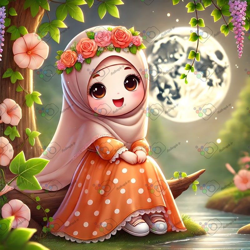 بک گراند کودکانه دختربچه ناز با حجاب با چهره خندان زیر نور ماه-کد 44613(ویژه عکس گراف)