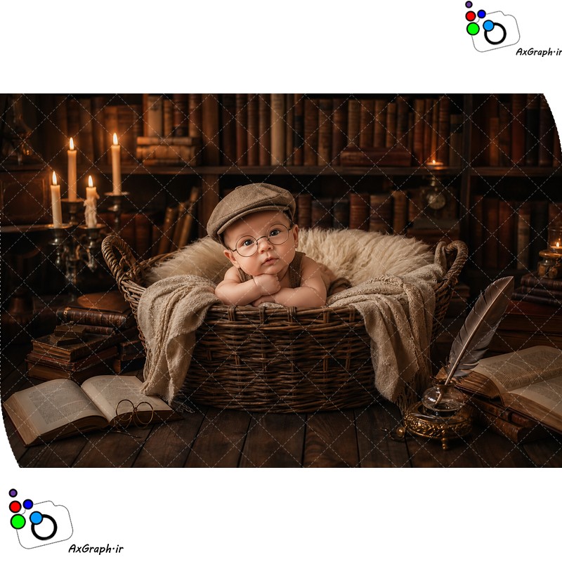 بک دراپ نوزاد سبد با دکور کلاسیک-کد 55508(ویژه عکس گراف)