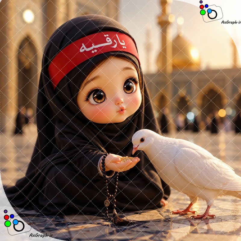 بک گراند کودکانه دختر کوچولوی ناز چادری با سربند یا رقیه در حال دانه دادن به کبوتر در حیاط حرم-کد 44847(ویژه عکس گراف)