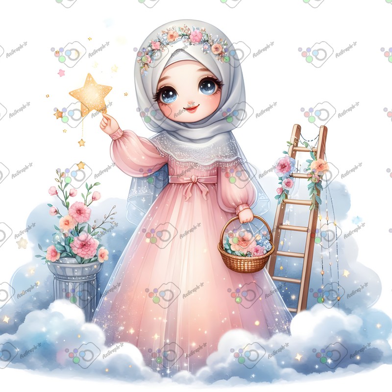 بک گراند کودکانه دختر ناز با حجاب در حال چیدن ستاره-کد 44606(ویژه عکس گراف)