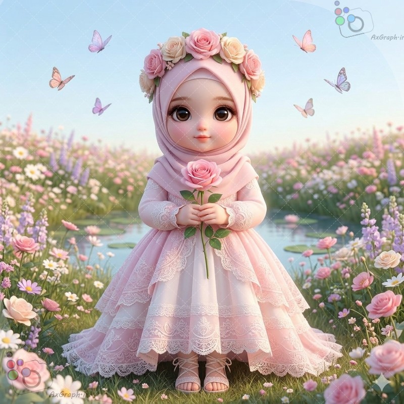 طرح دختربچه باحجاب صورتی با تاج گل و دسته گل رز در باغ رزها - کد ۴۴۹۶۲ (ویژه عکس گراف)