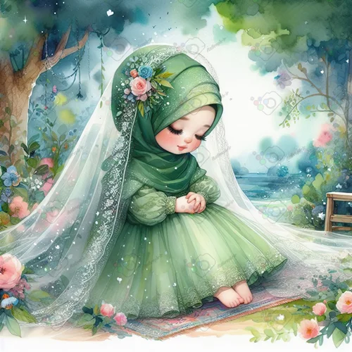 بک گراند کودکانه دختر ناز با حجاب با لباس سبز در باغ-کد 41027(ویژه عکس گراف)
