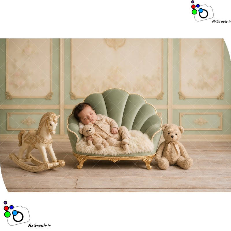 بک دراپ نوزاد مبل آبی و خرسی و اسب چوبی تم پسرونه-کد 55503(ویژه عکس گراف)