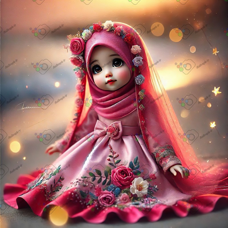 بک گراند کودکانه دختر ریزه میزه ناز با حجاب نشسته در ساحل طلایی-کد 44538(ویژه عکس گراف)