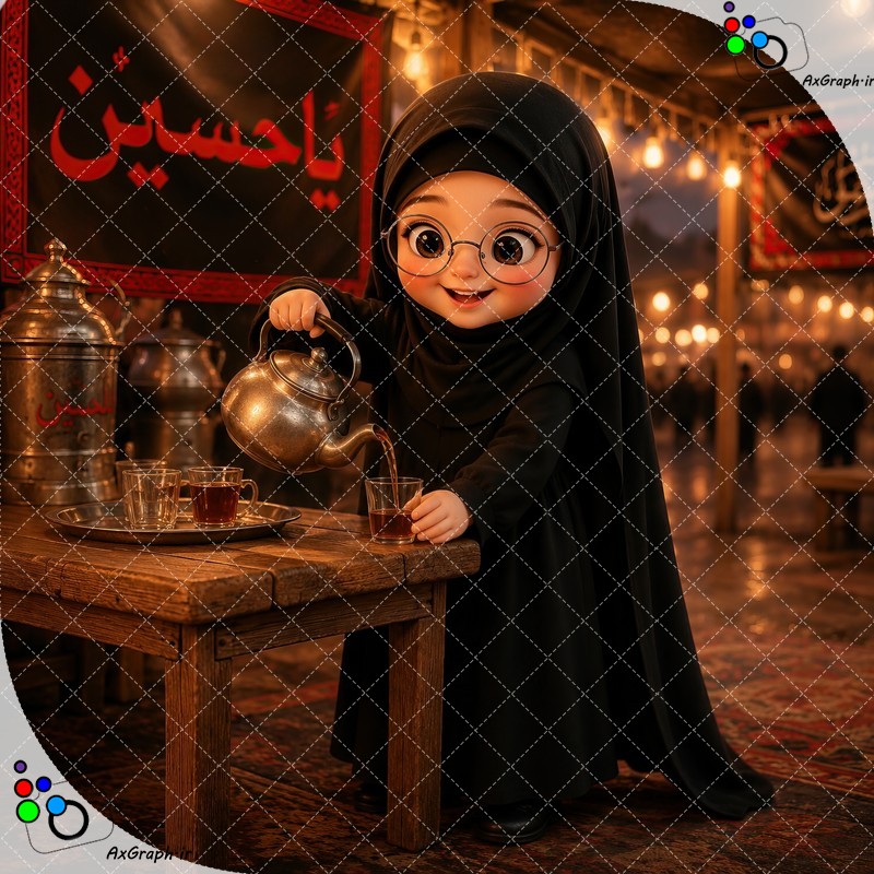بک گراند کودکانه دختر کوچولوی ناز چادری ایستاده در موکب در حال ریختن چای-کد 44853(ویژه عکس گراف)