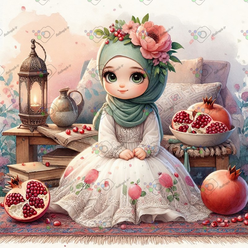 بک گراند کودکانه یلدا با طرح دختر بچه با حجاب و انار و دکور سنتی-کد 44687(ویژه عکس گراف)
