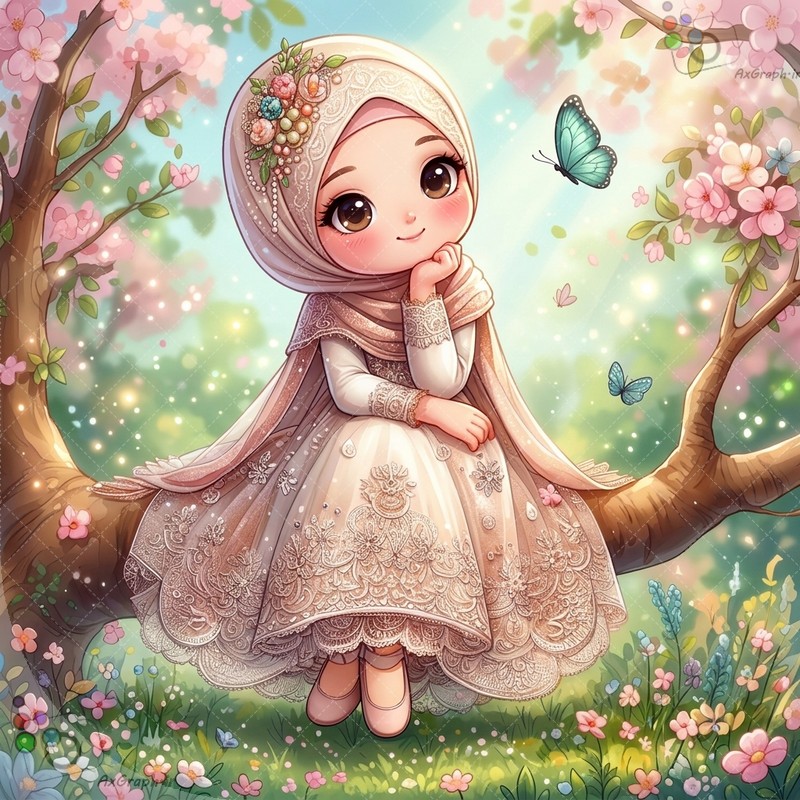 🌟🌸 طرح دختربچه فانتزی با پیراهن گیپور پرنسسی نشسته روی شاخه درخت بهاری - کد ۴۴۹۸۶ (ویژه عکس گراف) 🦋✨