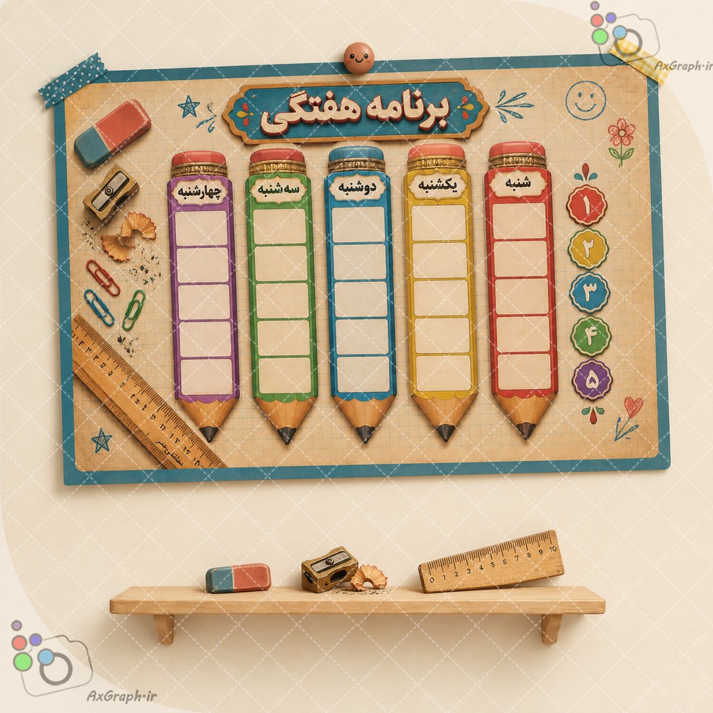 طرح آماده چاپ جدول برنامه هفتگی فانتزی طرح مدادهای وینتیج -کد 63008(ویژه عکس گراف)