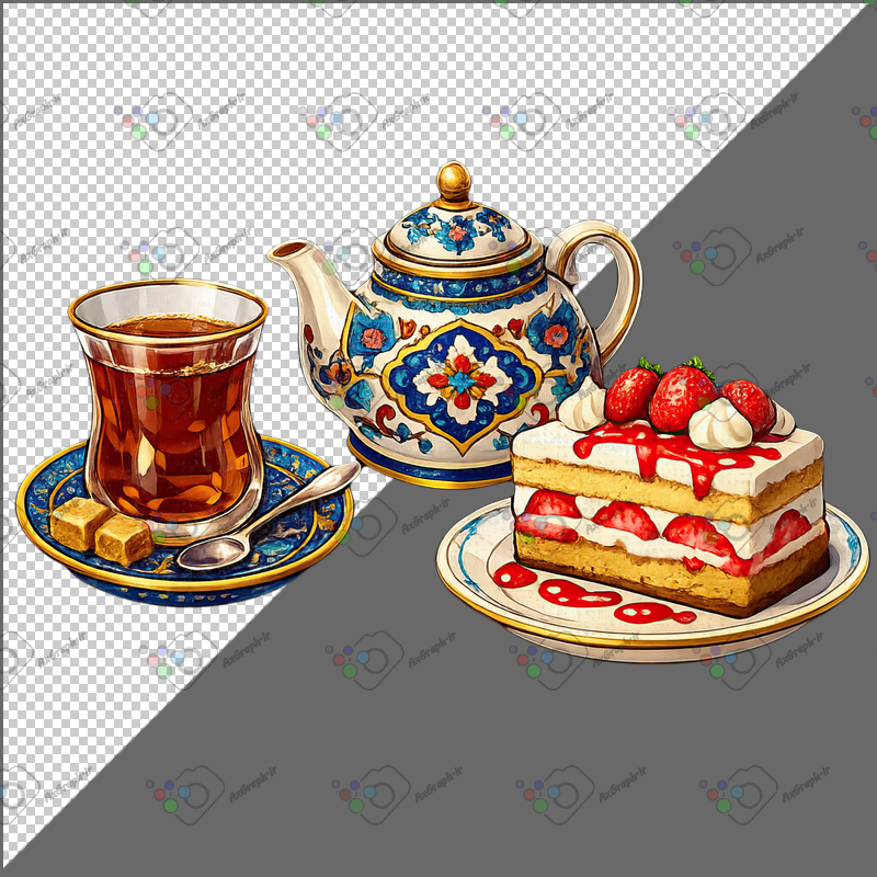 طرح برچسب چای قند پهلو و قوری و کیک توت فرنگی-کد 70095(ویژه عکس گراف)
