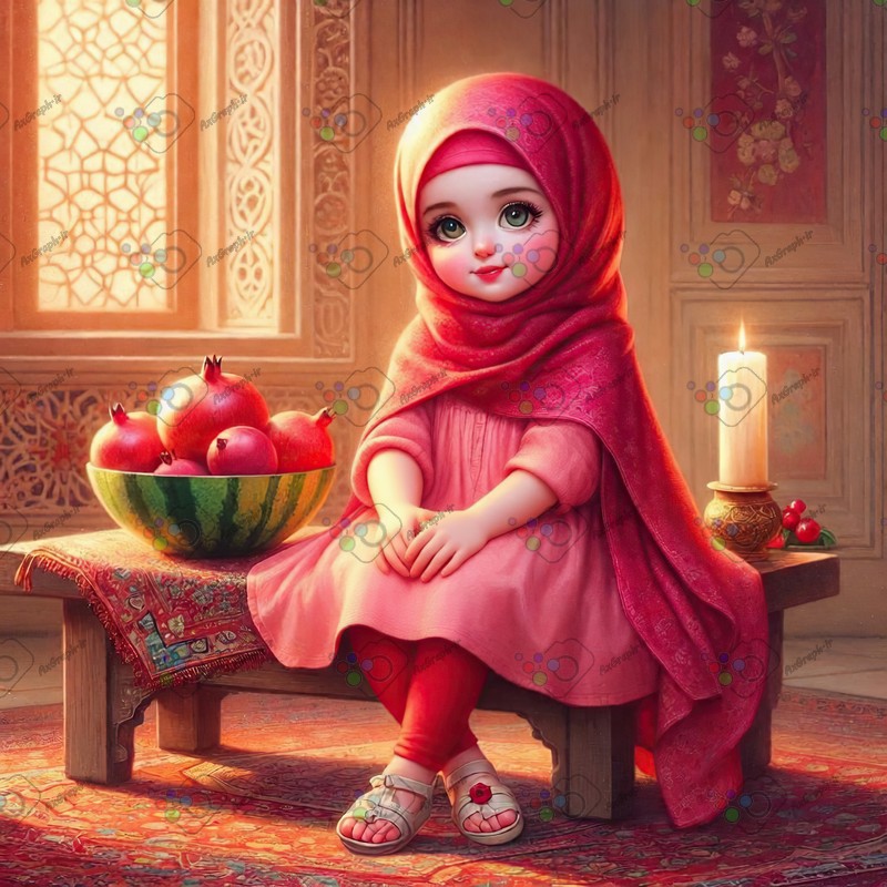 بک گراند کودکانه یلدا با طرح دختر بچه با حجاب با ظرف طرح هندونه و انار-کد 44629(ویژه عکس گراف)