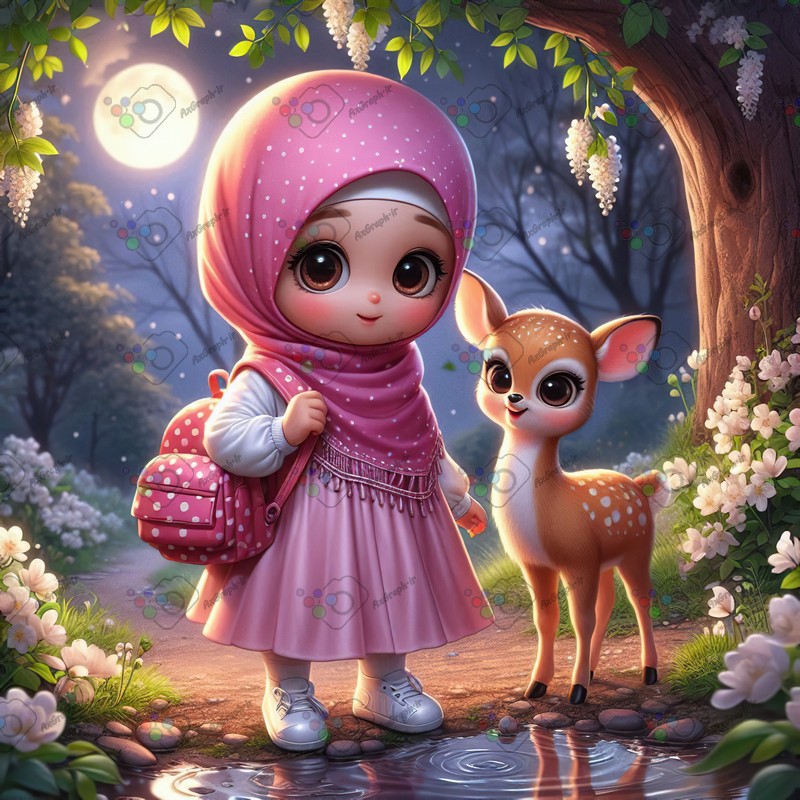 بک گراند کودکانه دختر بچه ناز با حجاب و آهوی ناز زیر نور ماه-کد 44408(ویژه عکس گراف)