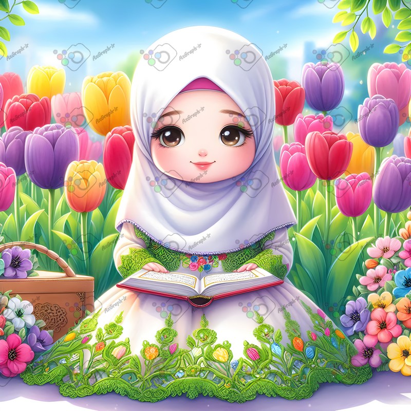 بک گراند کودکانه دختر بچه ناز با حجاب در حال قرآن خواندن در باغ لاله-کد 44582(ویژه عکس گراف)