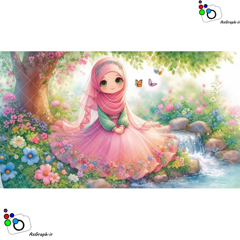 بک گراند کودکانه دختر ناز با حجاب کنار آبشار کوچک باغ بهاری-کد 44841(ویژه عکس گراف)
