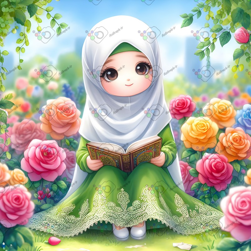 بک گراند کودکانه دختر بچه ناز با حجاب در حال قرآن خواندن میان گلهای رز-کد 44578(ویژه عکس گراف)