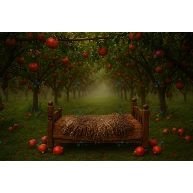 بک دراپ کودک و نوزاد تخت خواب چوبی در باغ انار-کد 55408(ویژه عکس گراف)