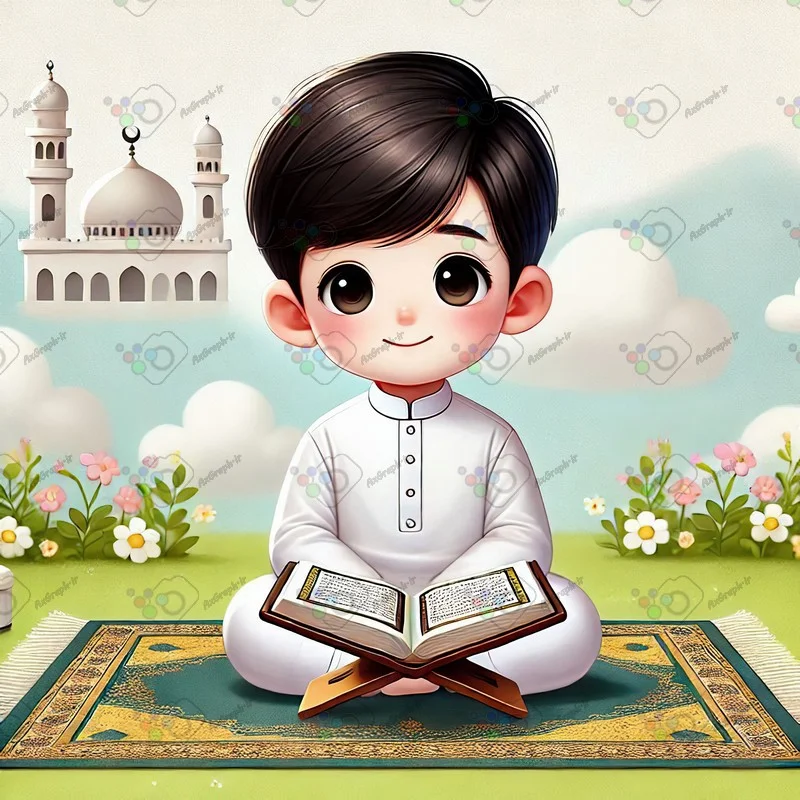 بک گراند کودکانه پسر بچه نشسته روی سجاده در حال قرآن خواندن-کد 43843(ویژه عکس گراف)