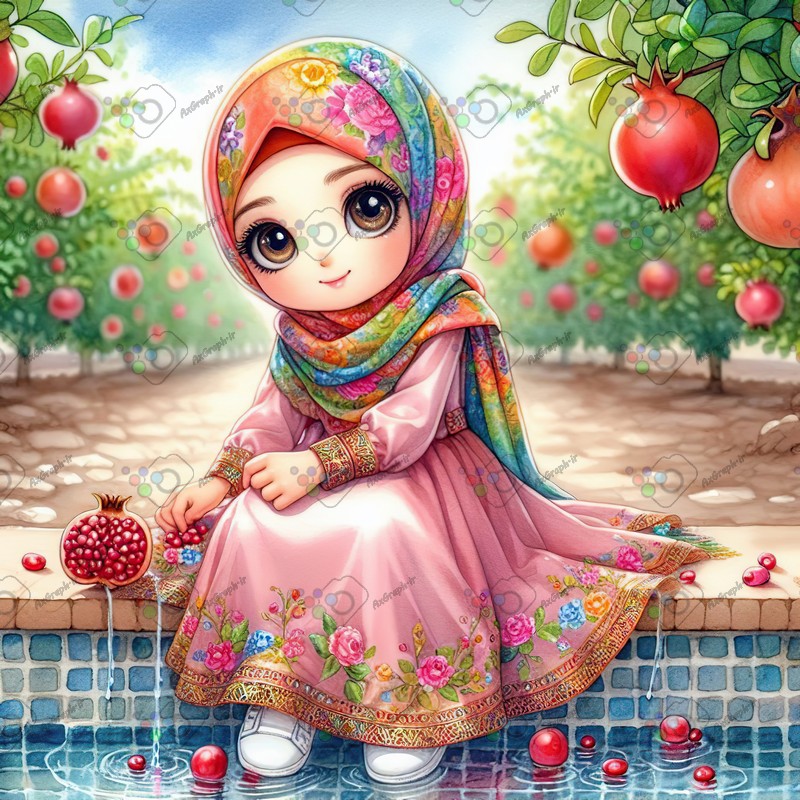 بک گراند کودکانه یلدا با طرح دختر بچه با حجاب نشسته لبه حوض کاشی در باغ انار-کد 44716(ویژه عکس گراف)