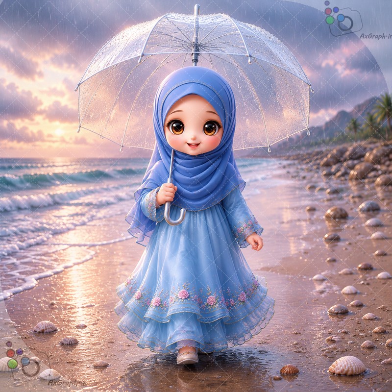 🌟☂️ طرح دختربچه معصوم باحجاب آبی با چتر شفاف در ساحل بارانی دریا - کد ۴۵۰۱۸ (ویژه عکس گراف) 🌊🐚✨