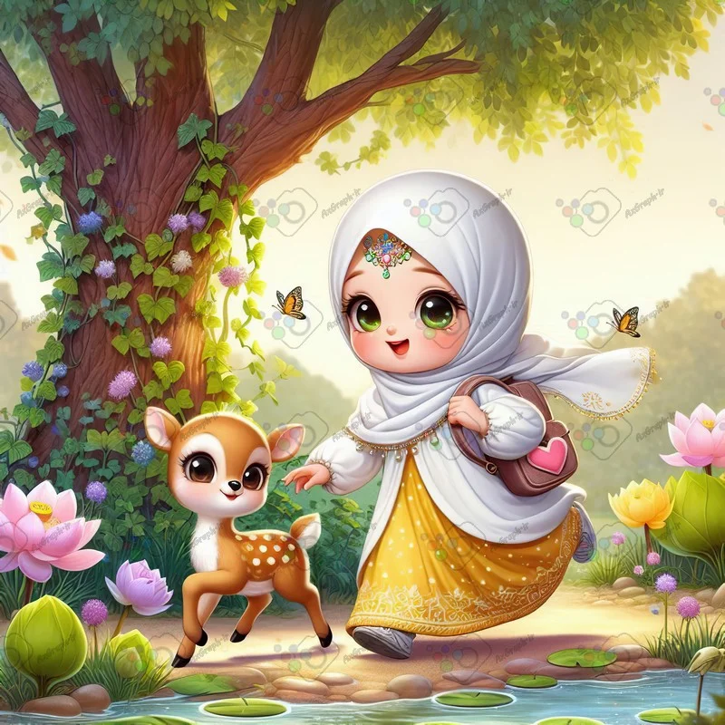 بک گراند کودکانه دختر بچه ناز با حجاب و بچه آهوی ناز در حال بازی و عبور از کنار مرداب-کد 43953(ویژه عکس گراف)