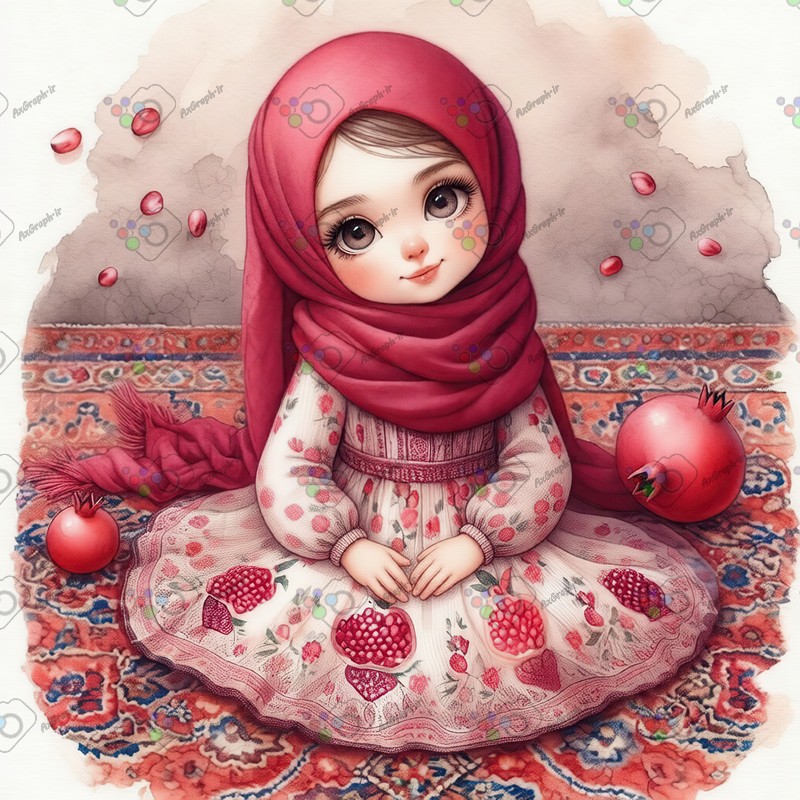 بک گراند کودکانه یلدا با طرح دختر بچه با حجاب نشسته روی فرش ایرانی-کد 44631(ویژه عکس گراف)