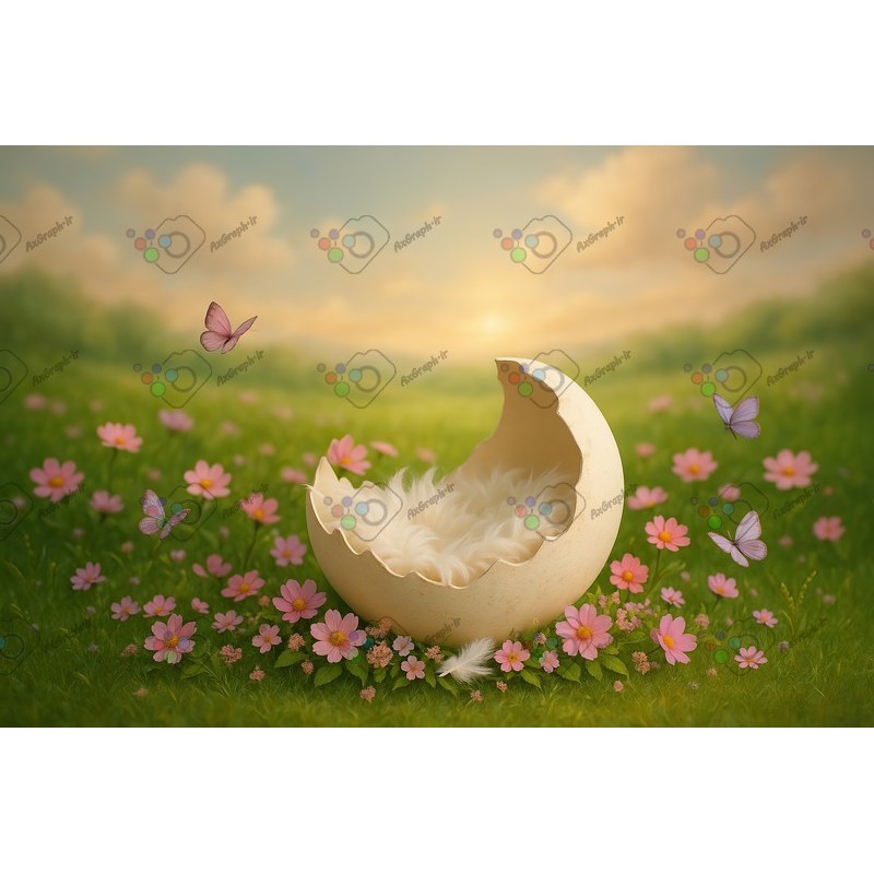 بک دراپ کودک و نوزاد تم پوسته تخم پرنده در باغ گل-کد 55425(ویژه عکس گراف)