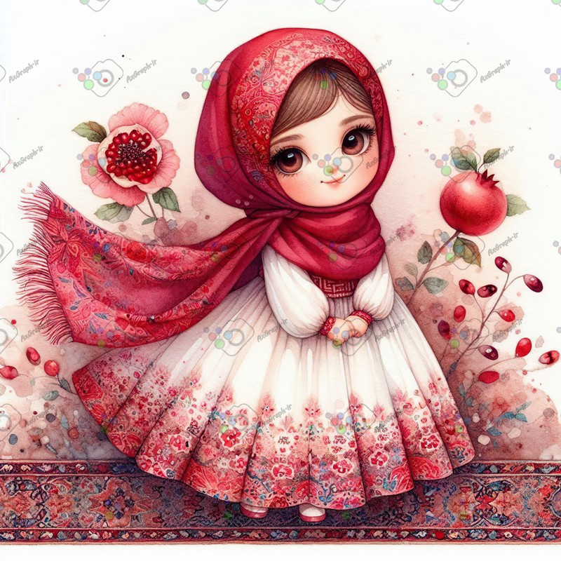 بک گراند کودکانه یلدا با طرح دختر ناز با حجاب روی فرش ایرانی-کد 44647(ویژه عکس گراف)