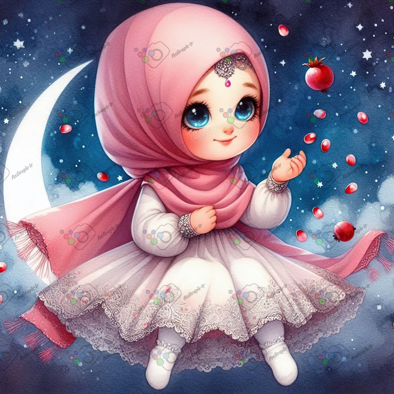 بک گراند کودکانه یلدا با طرح انار و دختر بچه با حجاب نشسته روی ماه-کد 44644(ویژه عکس گراف)