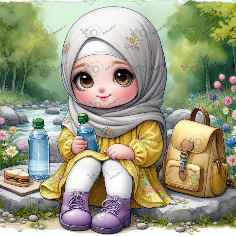 بک گراند کودکانه دختر کوچولوی ناز با حجاب با بطری آب و ساندویچ-کد 44481(ویژه عکس گراف)