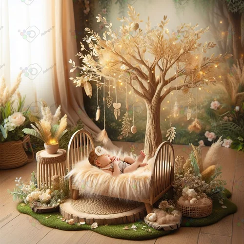 بک دراپ نوزاد تخت خواب و درخت طلایی-کد 55023(ویژه عکس گراف)
