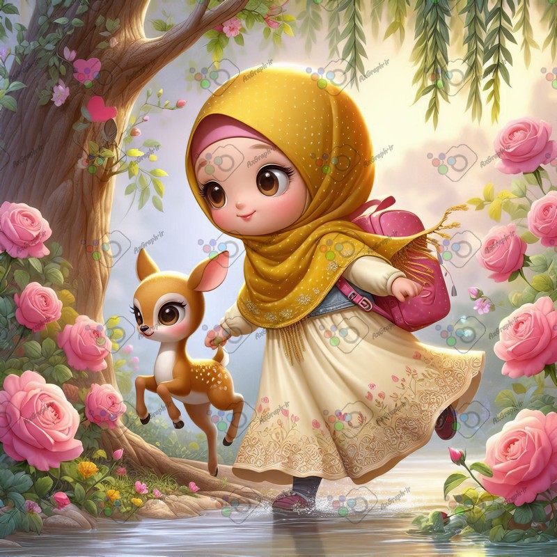 بک گراند کودکانه دختر کوچولوی با حجاب و بچه آهو در حال عبور از جنگل گل رز-کد 44439(ویژه عکس گراف)