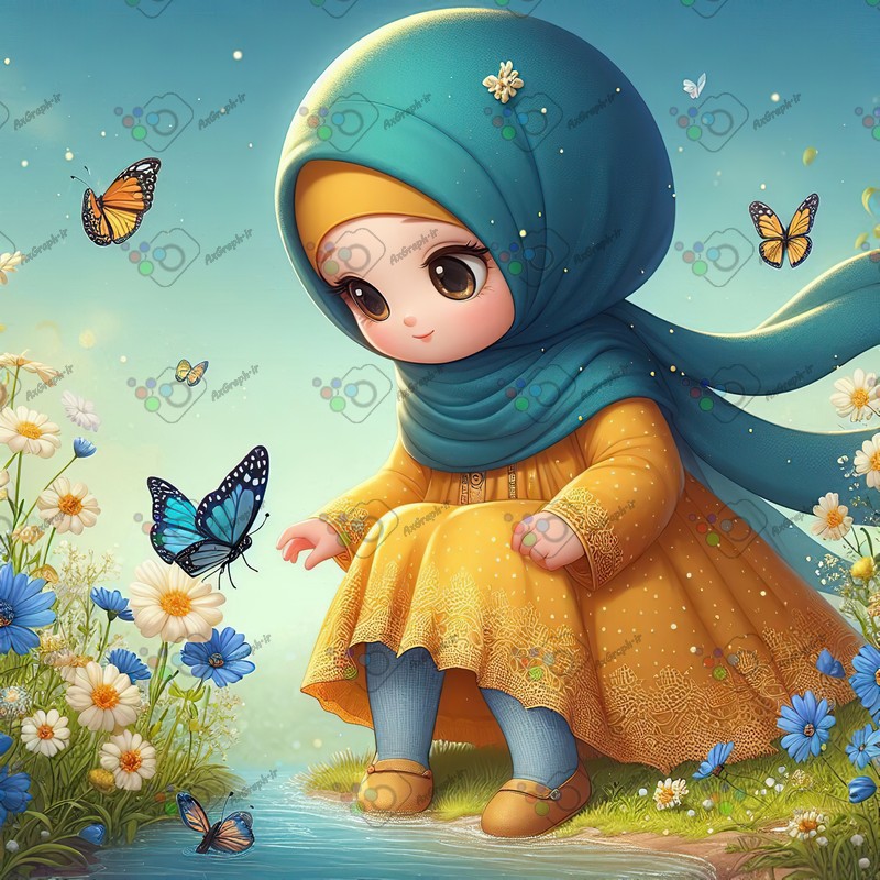 بک گراند کودکانه دختر بچه ناز با حجاب در حال بازی با پروانه ها-کد 44421(ویژه عکس گراف)