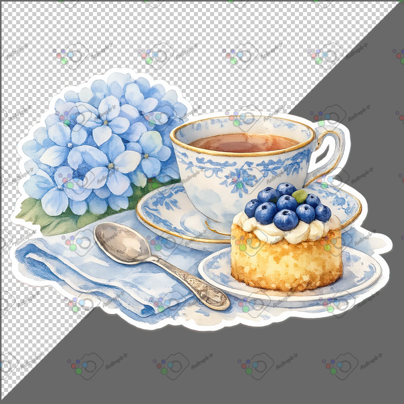 طرح برچسب چای و کیک بلوبری و دسته گل آبی-کد 70110(ویژه عکس گراف)