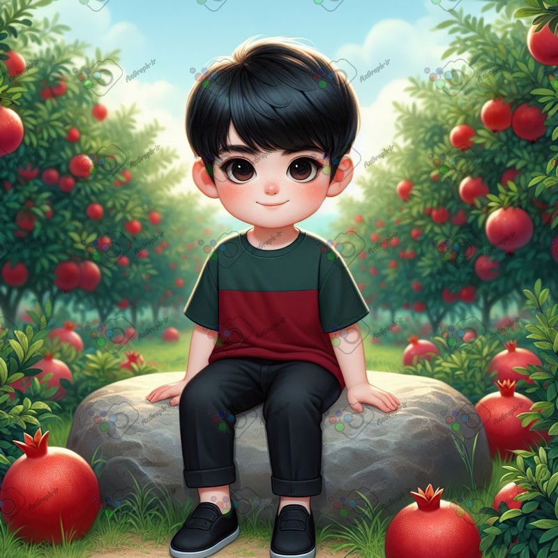 بک گراند کودکانه یلدا با طرح پسربچه نشسته روی تخته سنگ در باغ انار-کد 44805(ویژه عکس گراف)