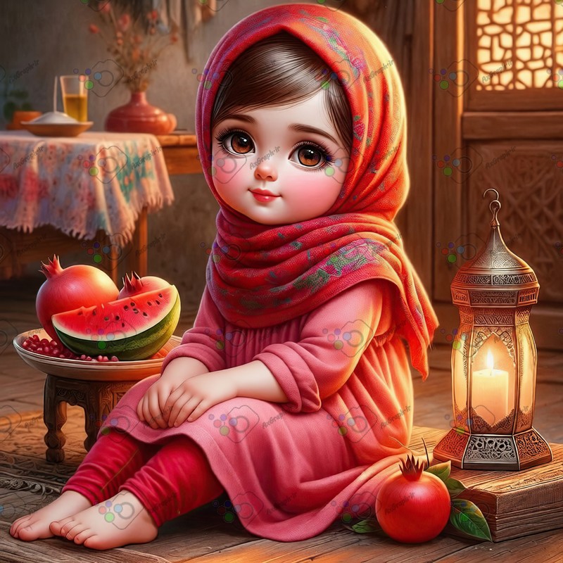 بک گراند کودکانه یلدا با طرح دختر بچه با حجاب با دکور سنتی-کد 44630(ویژه عکس گراف)