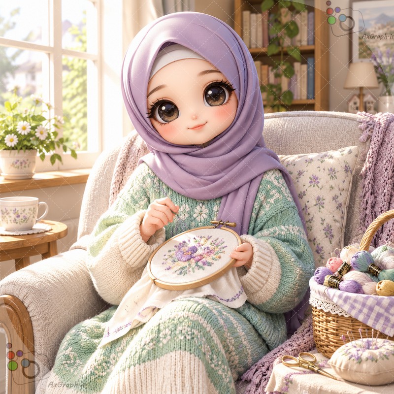 طرح دختربچه با روسری یاسی و لباس بافتنی در حال گلدوزی و شماره‌دوزی نشسته روی مبل راحتی - کد ۴۴۹۹۹ (ویژه عکس گراف