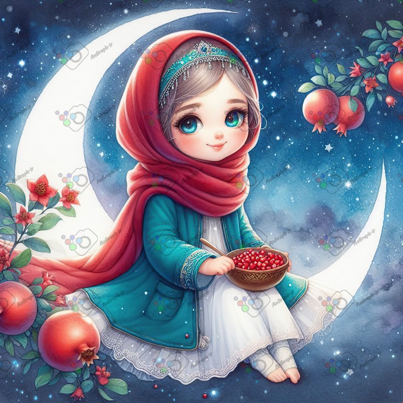 بک گراند کودکانه یلدا با طرح دختر بچه با حجاب و شاخه انار و ماه روشن-کد 44660(ویژه عکس گراف)