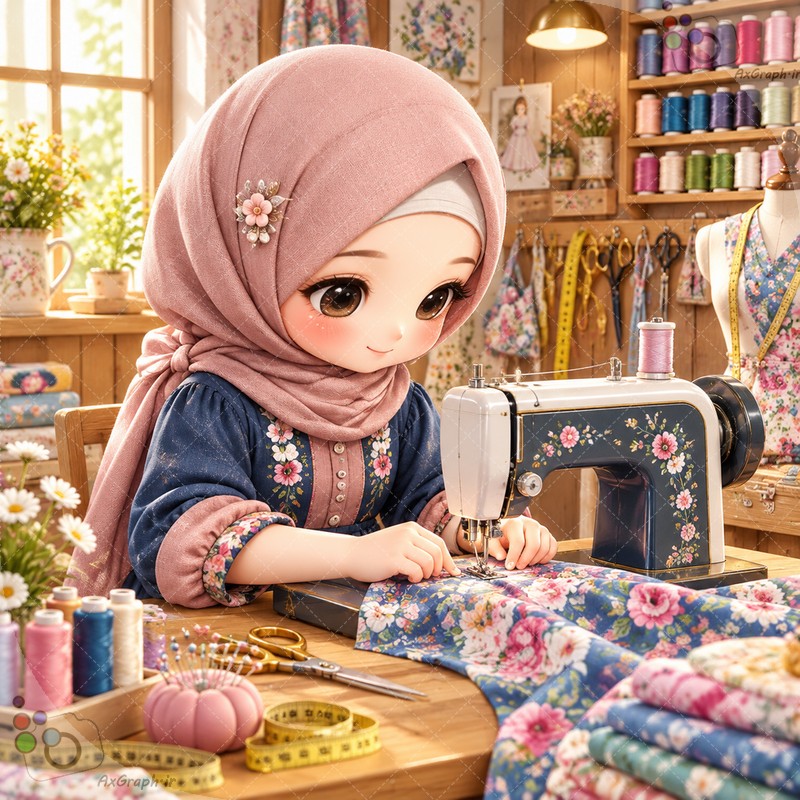🧵 طرح دختربچه خیاط با روسری صورتی و لباس سرمه‌ای در کارگاه خیاطی و خیاط‌خانه سنتی - کد ۴۵۰۰۳ (ویژه عکس گراف) 🌸✂️