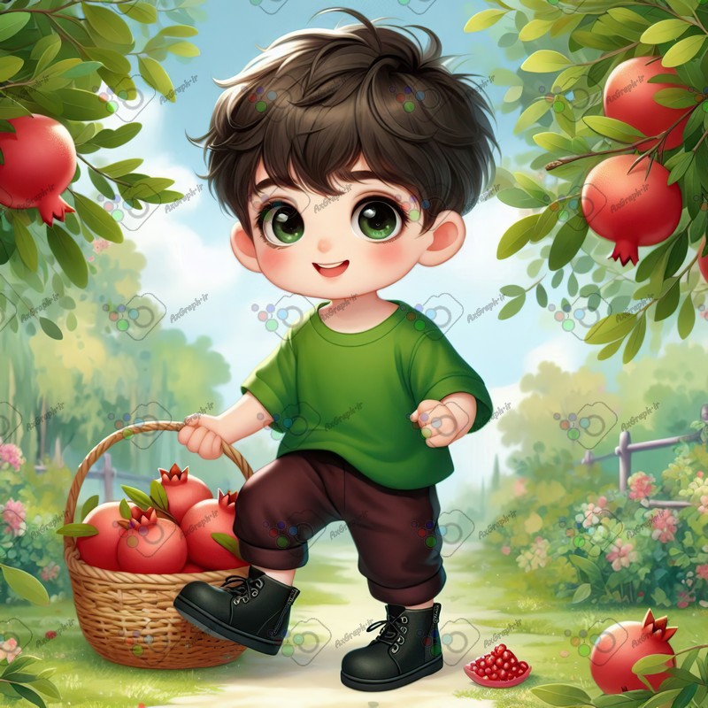 بک گراند کودکانه یلدا با طرح پسربچه ناز با سبد انار در باغ انار-کد 44780(ویژه عکس گراف)