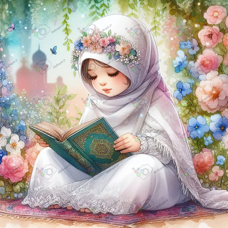 بک گراند کودکانه دختر ناز با حجاب در حال قرآن خواندن در باغ گل-کد 43456(ویژه عکس گراف)