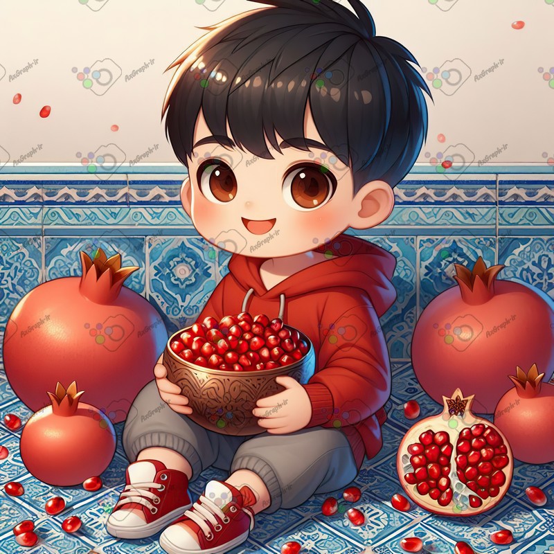 بک گراند کودکانه یلدا با طرح پسربچه با کاسه مسی پر از انار روی کاشی های آبی-کد 44760(ویژه عکس گراف)