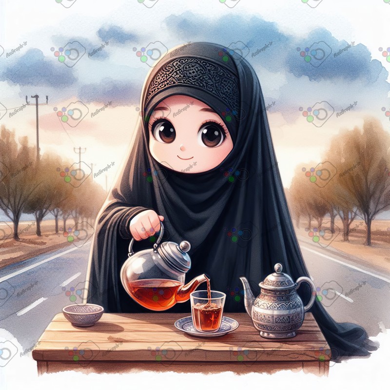 بک گراند کودکانه دختر کوچک ناز با حجاب در حال چای ریختن-کد 44497(ویژه عکس گراف)