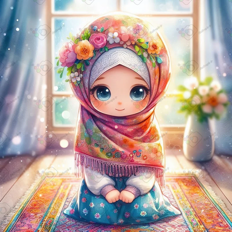 بک گراند کودکانه دختر کوچولوی ناز با حجاب نشسته روی قالیچه در اتاق غرق نور-کد 44087(ویژه عکس گراف)