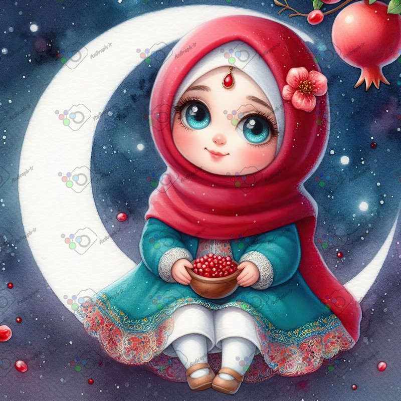 بک گراند کودکانه یلدا با طرح دختر بچه با حجاب با کاسه انار نشسته روی ماه-کد 44655(ویژه عکس گراف)