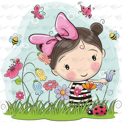 دانلود وکتور کارتونی دخترک در باغ گل-کد 10161